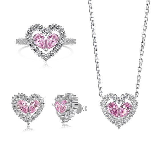 Pink Heart-Shaped Gemstone Pendant Jewelry Set