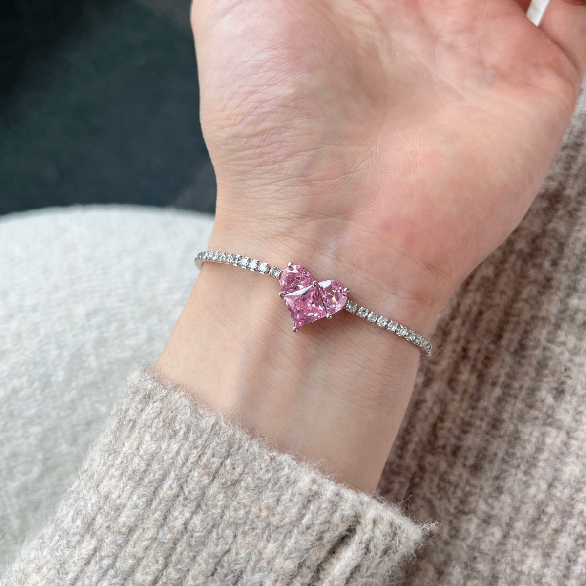 Romantic Pink Crystal Heart Bracelet