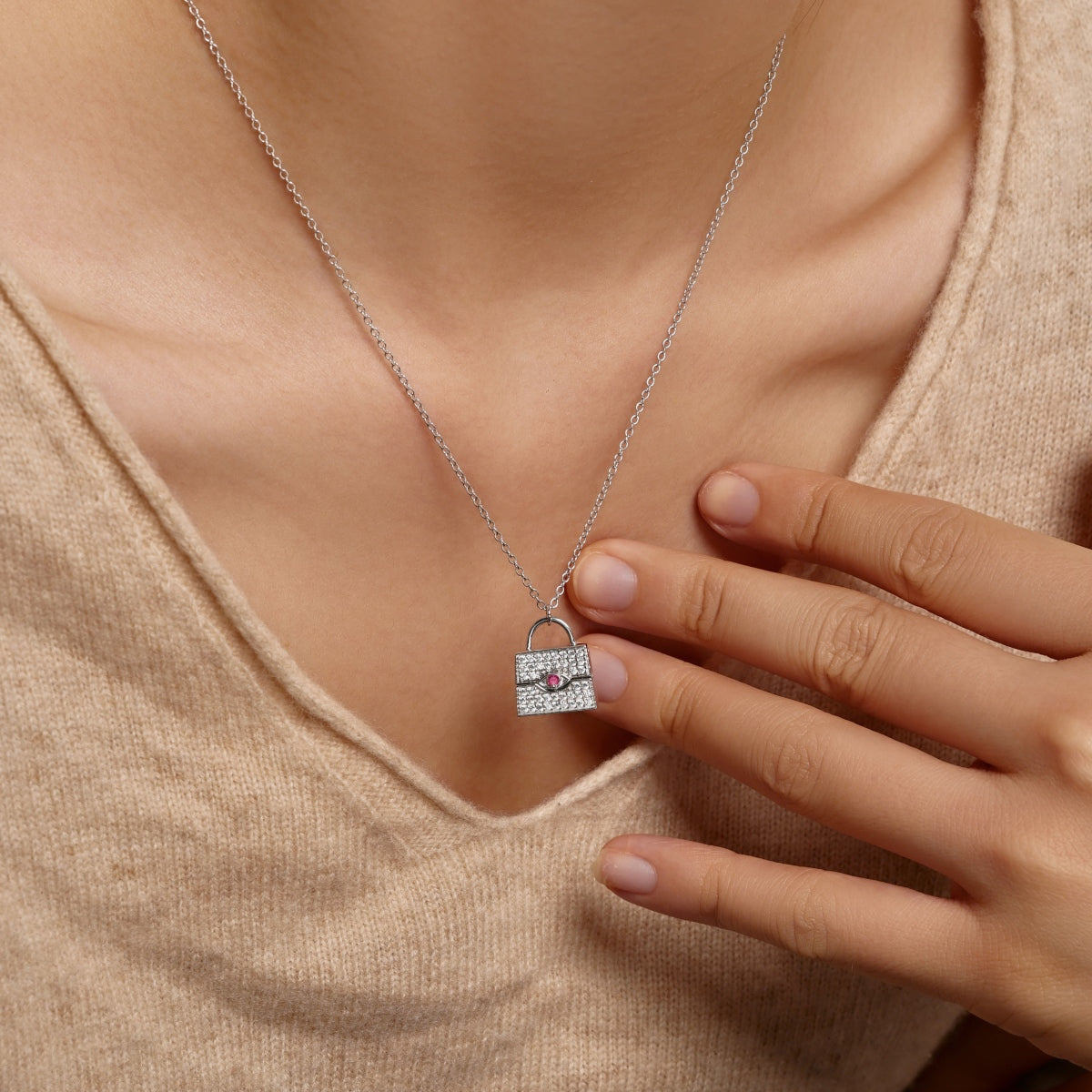 Silver Lock Pink gemstone Necklace