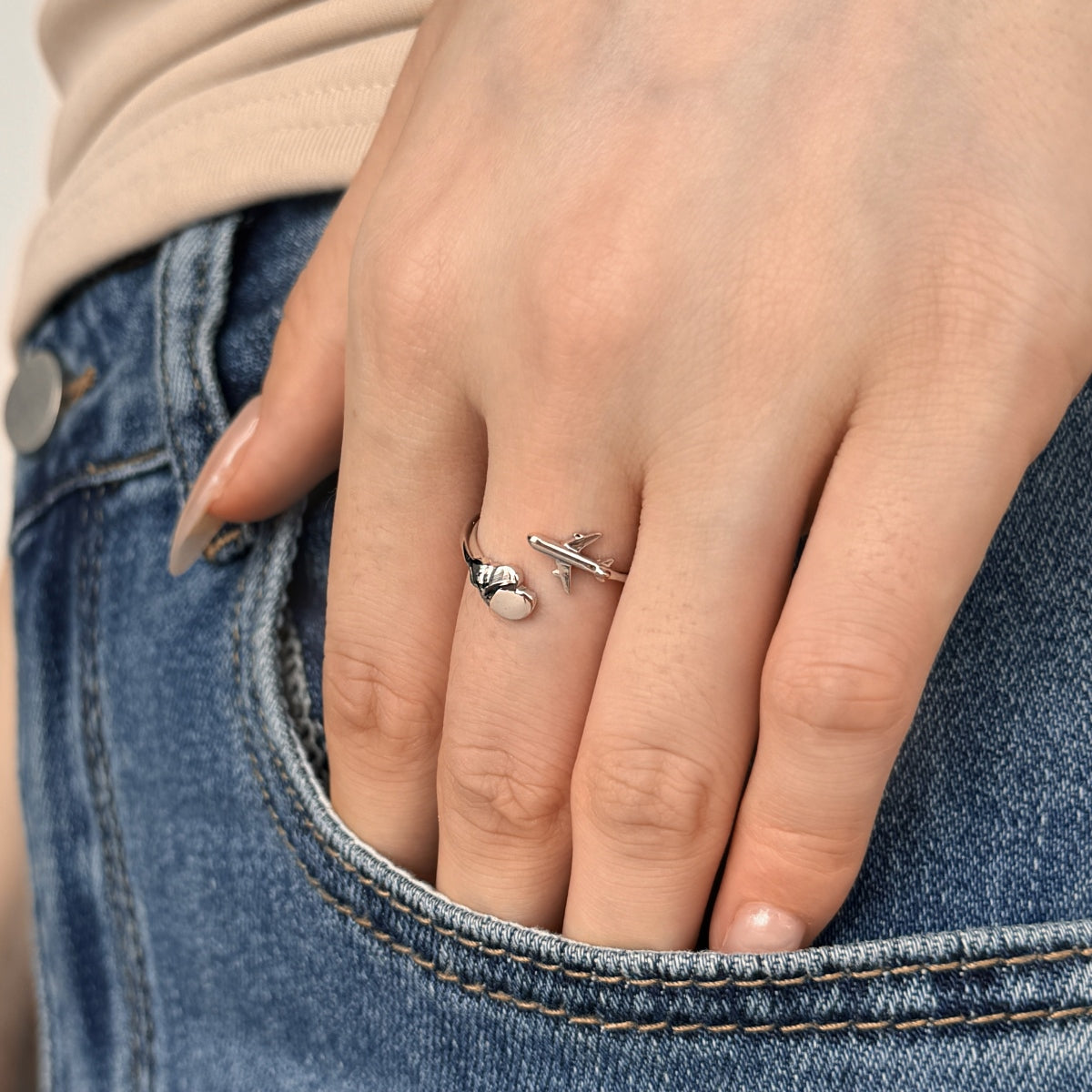 Silver-Tone Airplane Adjustable Ring